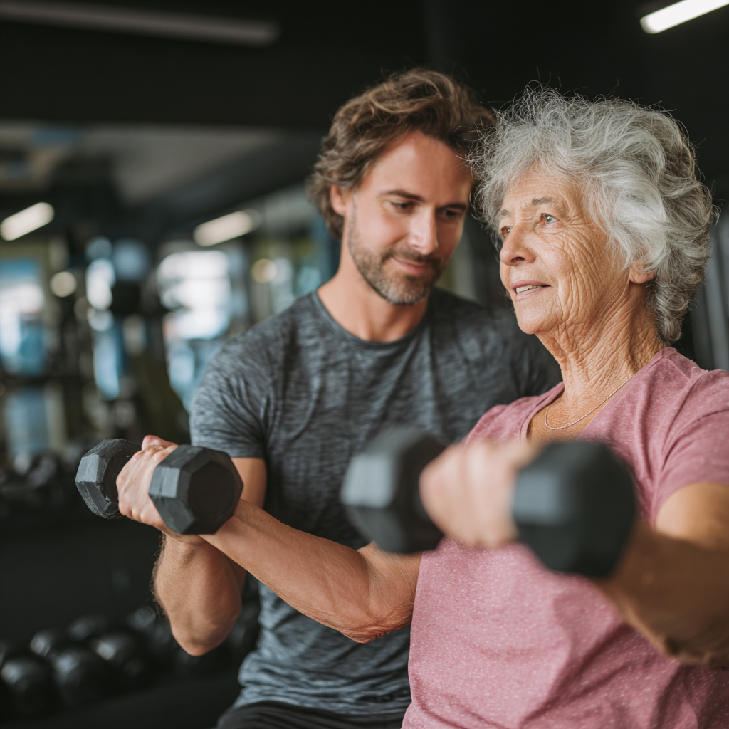 Персональний тренер працює з клієнтом, демонструючи правильну техніку виконання вправ